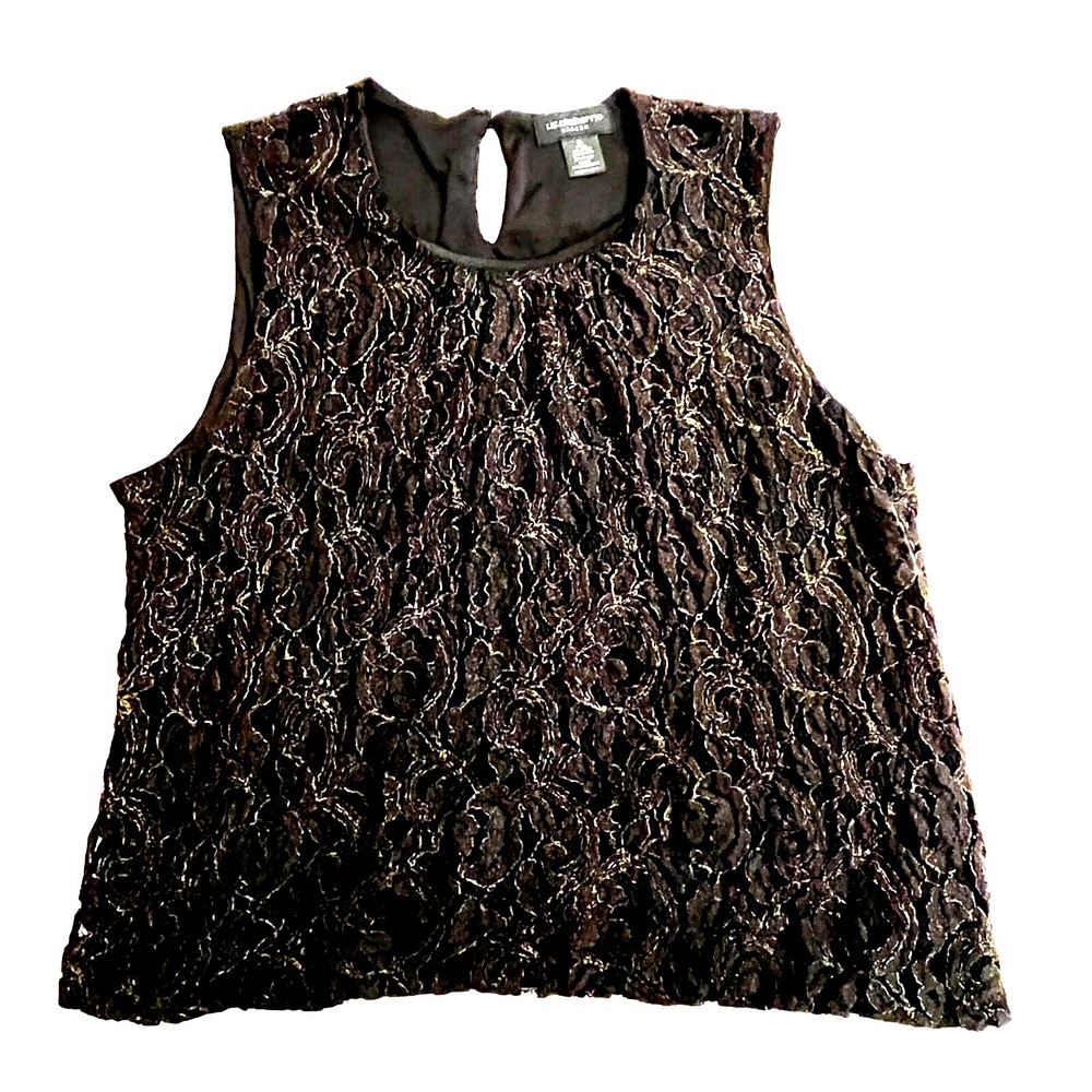 Liz Claiborne Career Women's  XL Sleeveless Lined Black/Gold Lace‎ Top